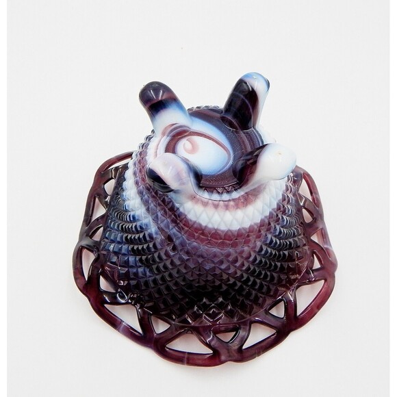 Imperial Diamond Lace Candy Dish Pattern Purple Slag Three Toed Glass Bowl - Picture 6 of 9